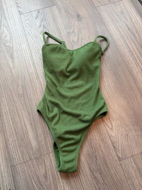 Shade & Shore Olive Green Textured Crinkle One Piece Swimsuit XS Tummy Control
